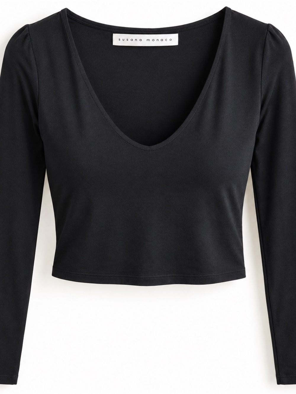 Susana Monaco Black Long Sleeve Crop Top Built In Bra Scoop Neck Sz S